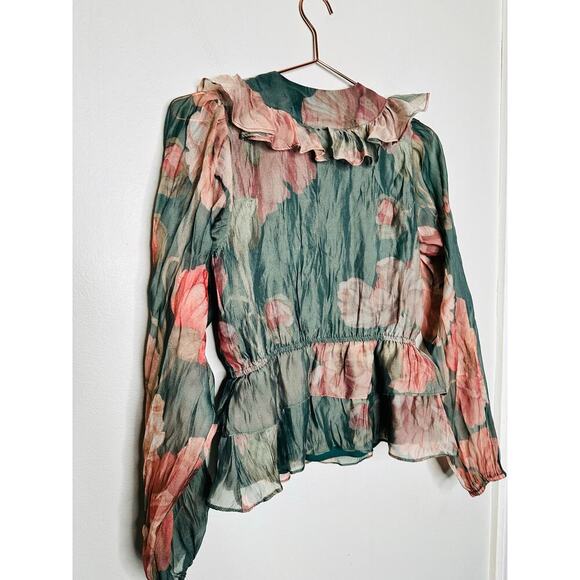 HUTCH Green Floral Chiffon Long Sleeves V-Neck Ruffle Trimmed Sema Top Size S - Picture 9 of 12